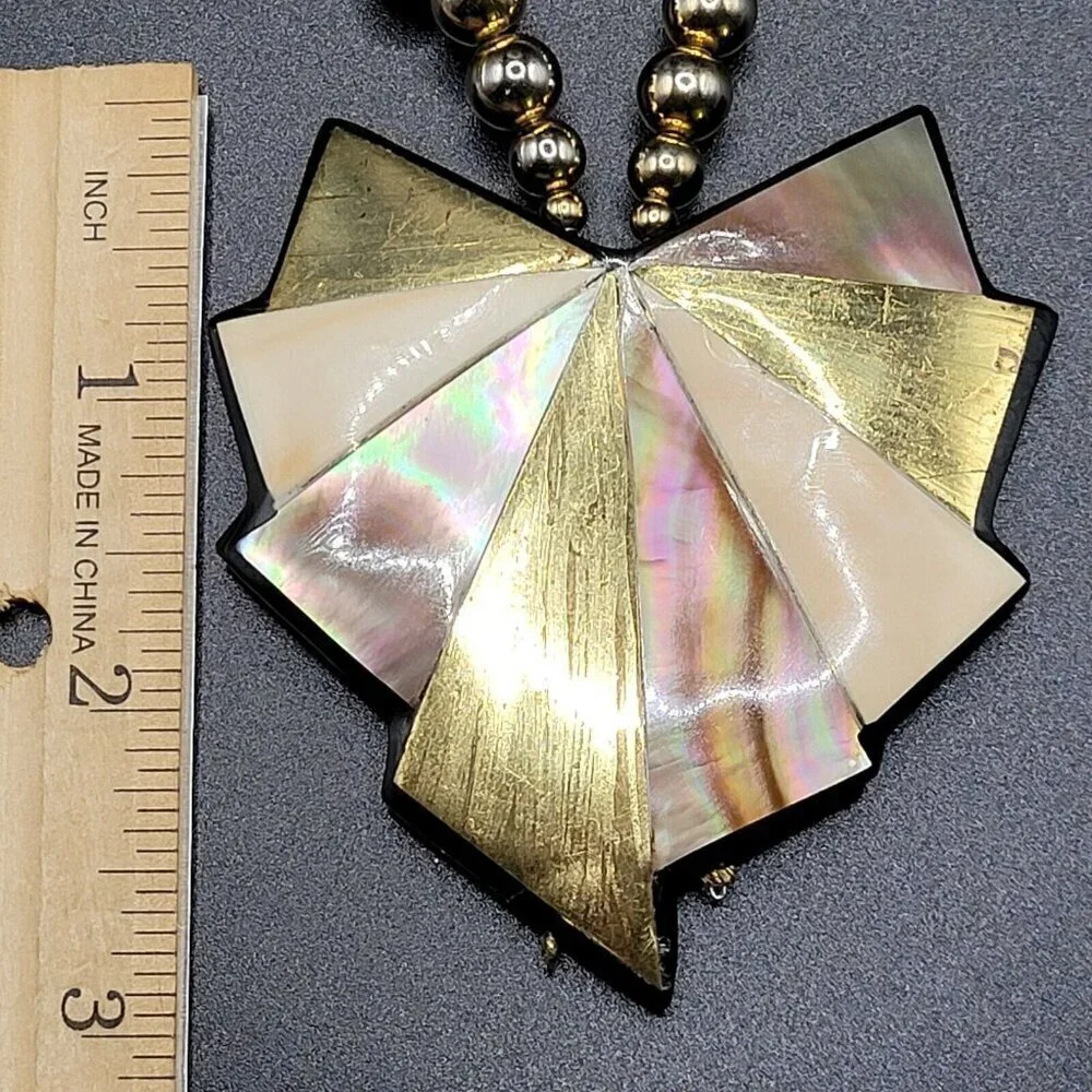 Vintage Carla Jordan Statement Necklace Thermoset 24"-27" Abalone Gold On Black - Picture 6 of 9
